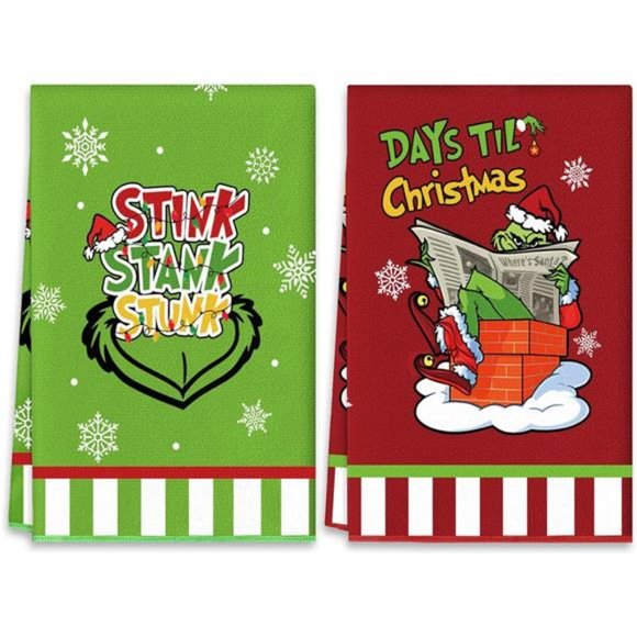 Red | Kitchen Towels 2 Pieces Christmas | 17.7 x 27.5 Inch | Grinch Decorations - Picture 6 of 7